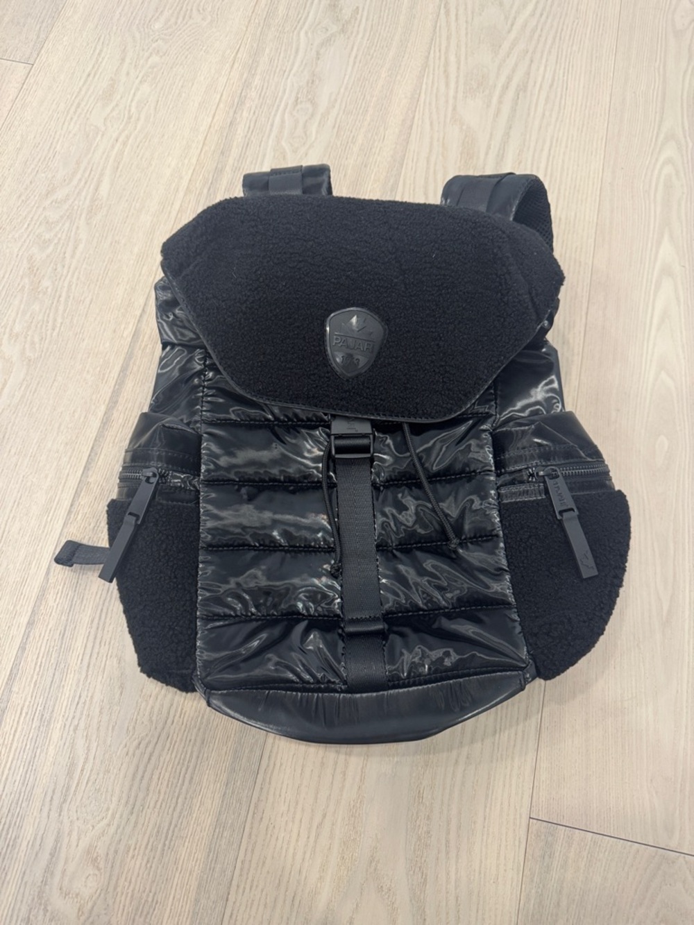 Pajar Black Quilted Puffer Backpack with Sherpa Flap